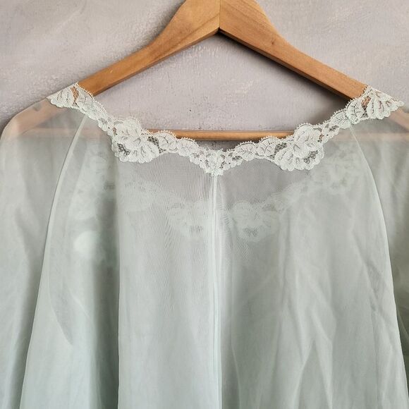 Vintage Seafoam Green Double Layer Lace Trim Single button closure Pinup Robe M - Picture 10 of 13